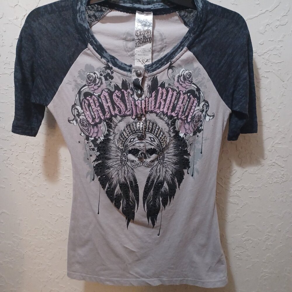 Crash & Burn Womens S V-Neck Raglan Top Embellished Skull Headdress Graphic